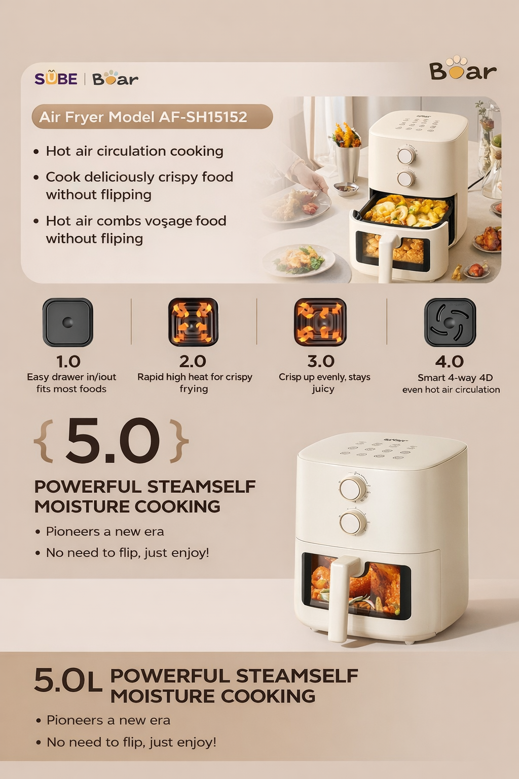 Bear 5L Air Fryer AF-5H15I52 - Glass Window, 360° Air Circulation | 1500W Cream