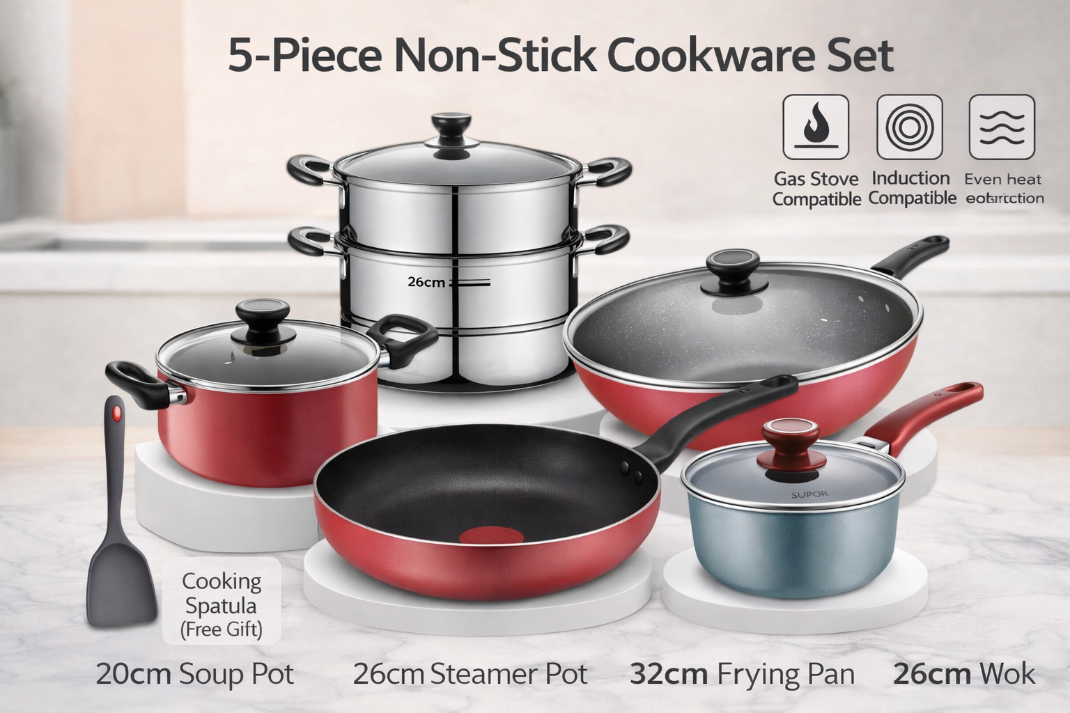 SUPOR UT-SP-003 Non-Stick Cookware Set - 5 Piece Pots & Pans | Gas & Induction Compatible
