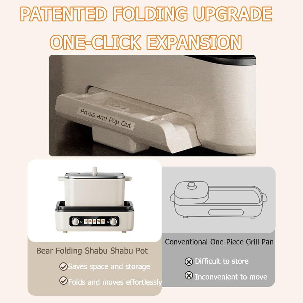 TechBear 2-in-1 Folding Electric Grill & Hot Pot 2100W - Korean BBQ & Shabu Shabu | 4L Capacity