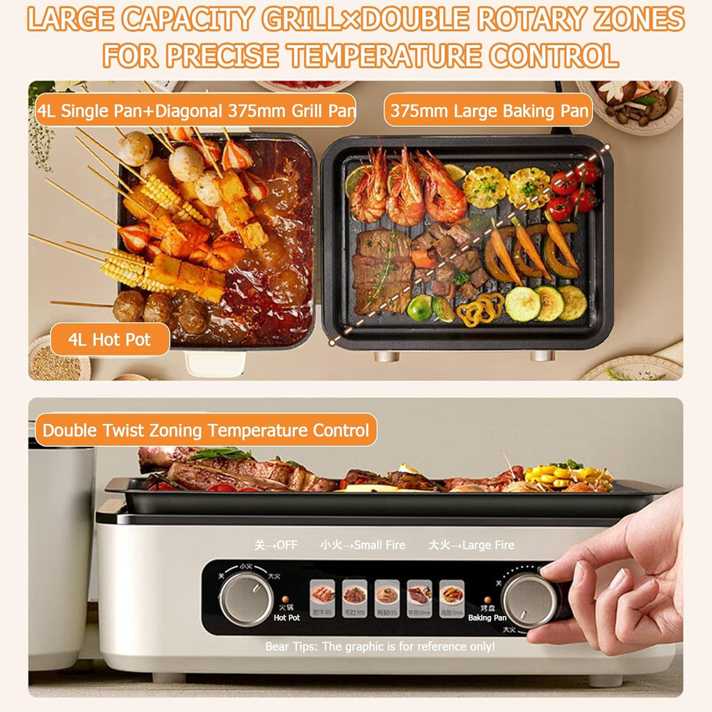 TechBear 2-in-1 Folding Electric Grill & Hot Pot 2100W - Korean BBQ & Shabu Shabu | 4L Capacity