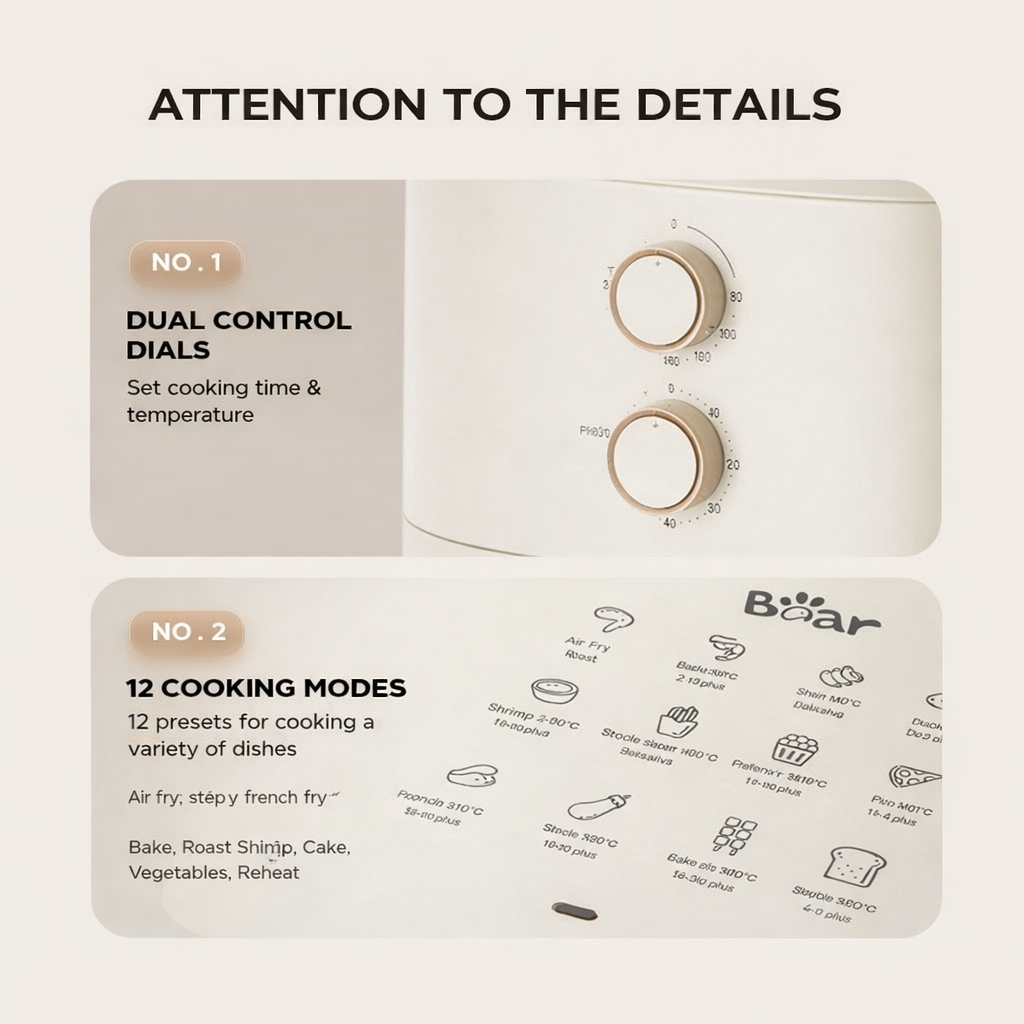 Bear 5L Air Fryer AF-5H15I52 - Glass Window, 360° Air Circulation | 1500W Cream