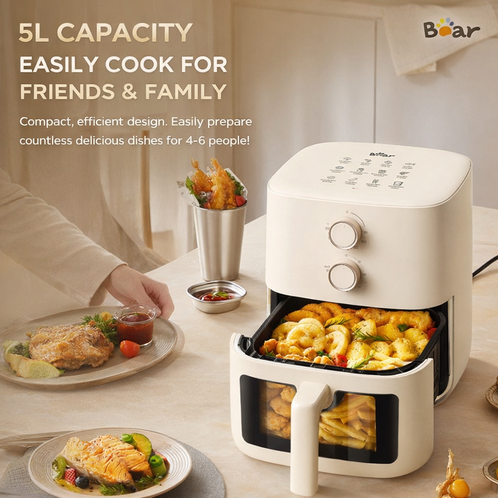 Bear 5L Air Fryer AF-5H15I52 - Glass Window, 360° Air Circulation | 1500W Cream