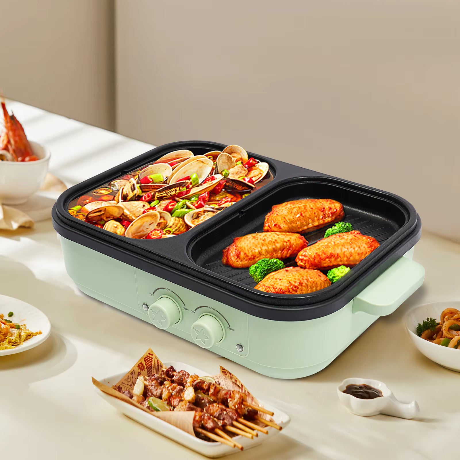 2-in-1 Electric Hot Pot & Grill 1300W - Dual Temperature Control Cooker | 1.2L Capacity