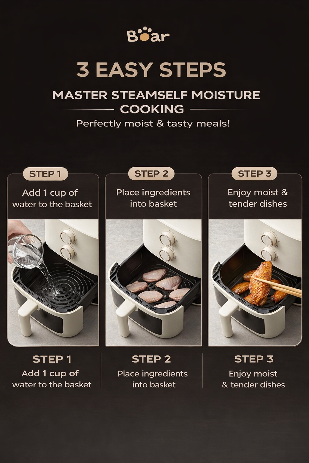 Bear 5L Air Fryer AF-5H15I52 - Glass Window, 360° Air Circulation | 1500W Cream