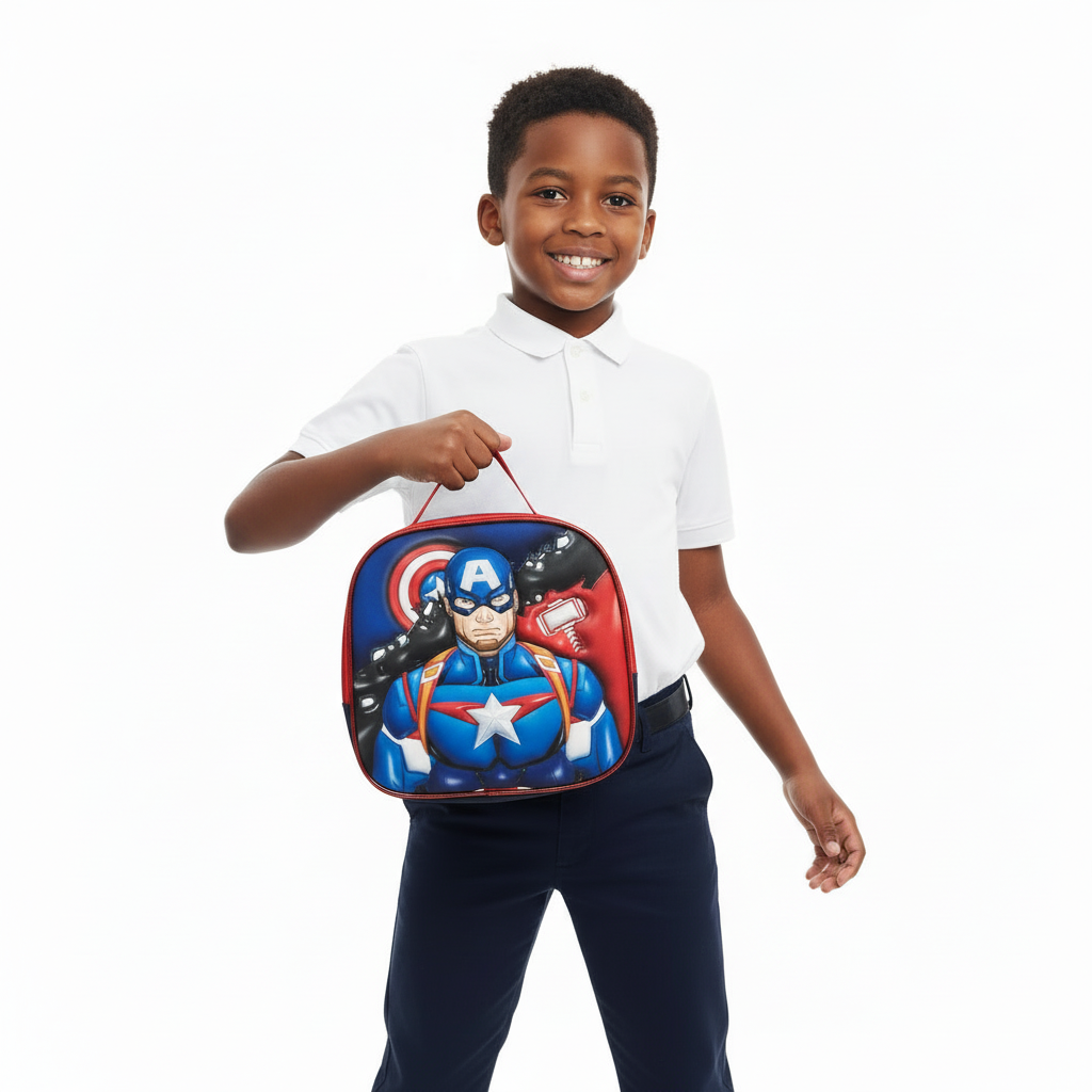 Boy Holding Captain America Lunch Bag Stylishly