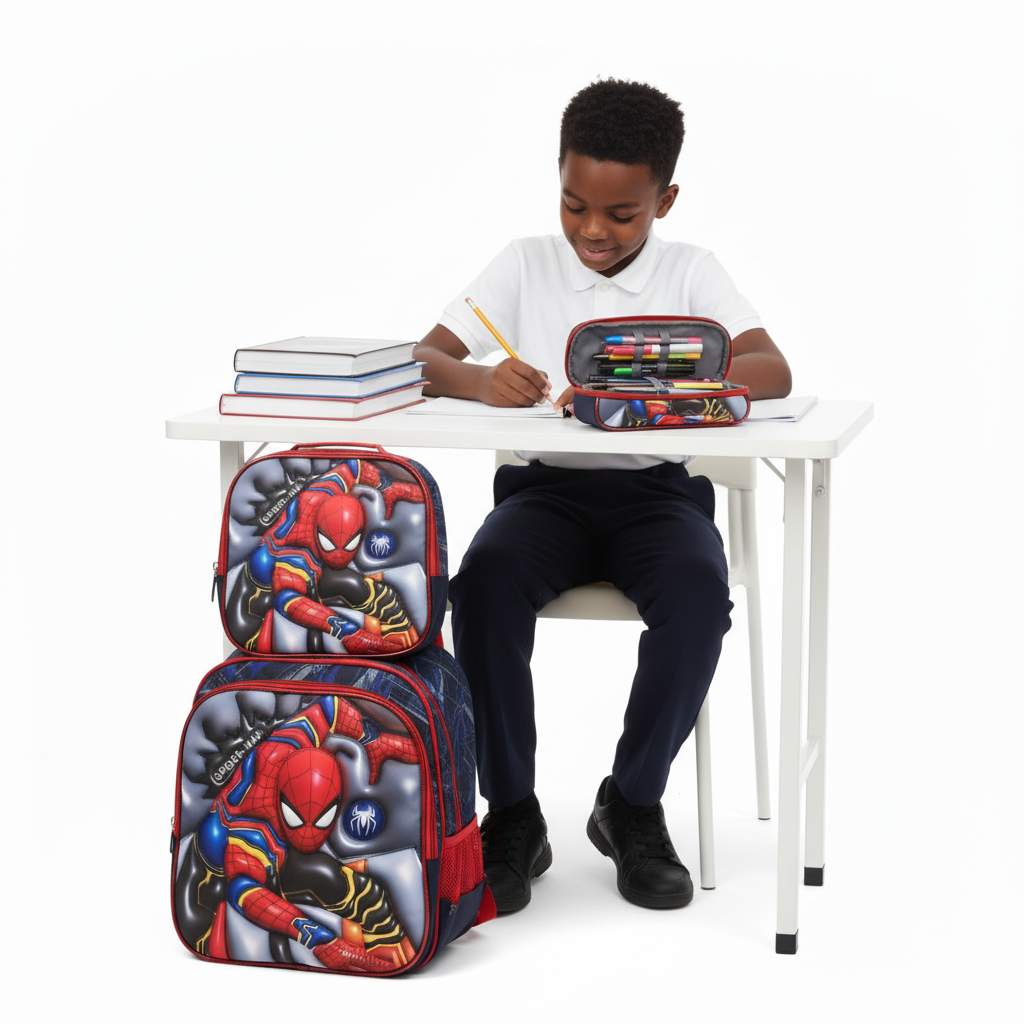 Boy Studying with Spider-Man Set at Desk