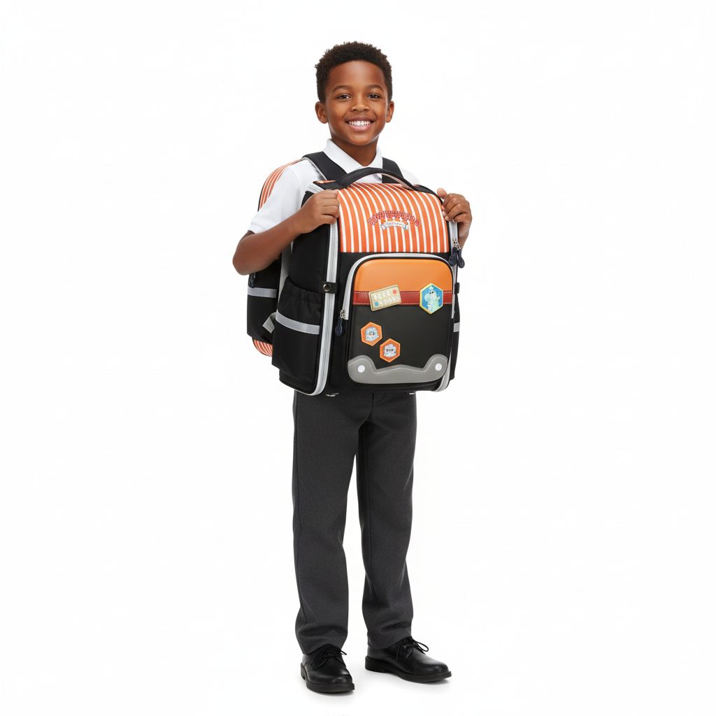 Boy with Orange & Black Striped Backpack