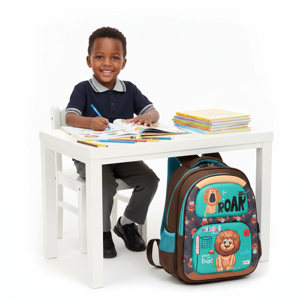 Child Studying with Lion Backpack at Desk