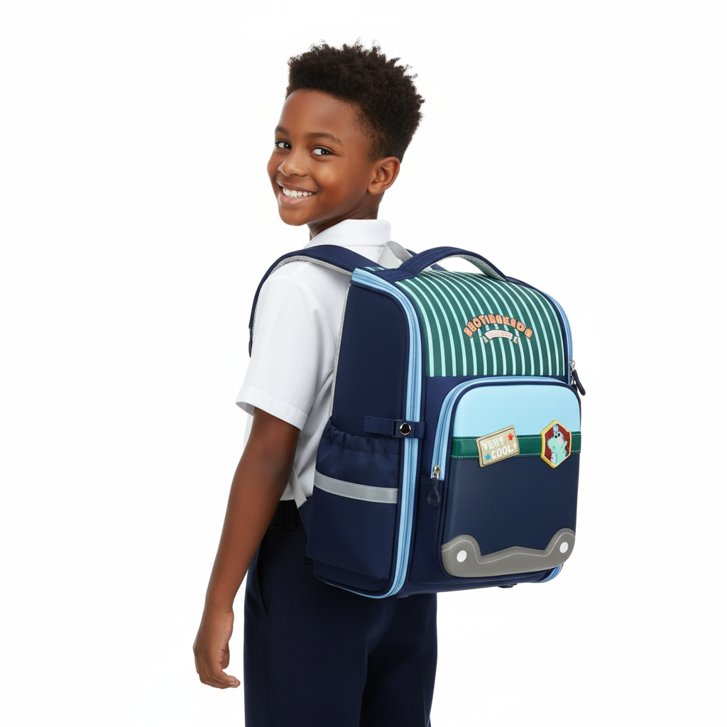 Child with Navy Blue Striped Backpack
