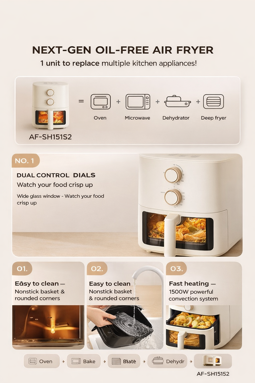 Bear 5L Air Fryer AF-5H15I52 - Glass Window, 360° Air Circulation | 1500W Cream