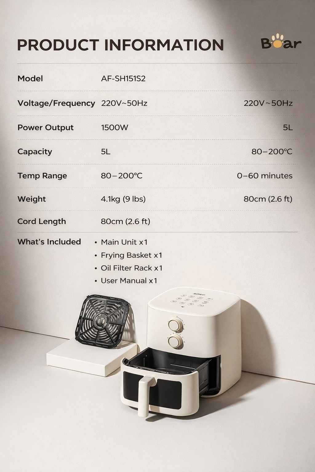 Bear 5L Air Fryer AF-5H15I52 - Glass Window, 360° Air Circulation | 1500W Cream