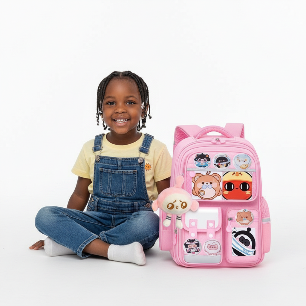 Girl Sitting with Pink Character Backpack