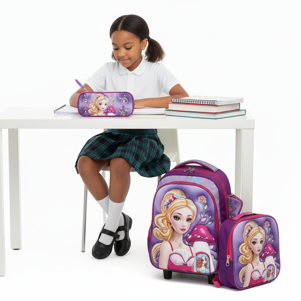 Girl Studying with Princess Set at Desk