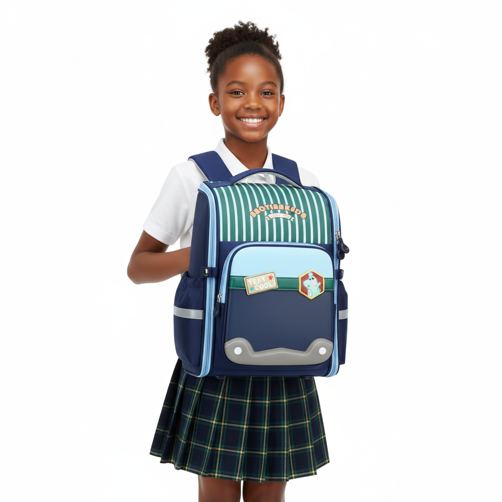 Girl with Navy Blue Striped Backpack