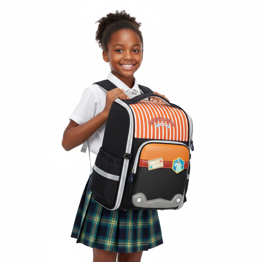 Girl with Orange & Black Striped Backpack