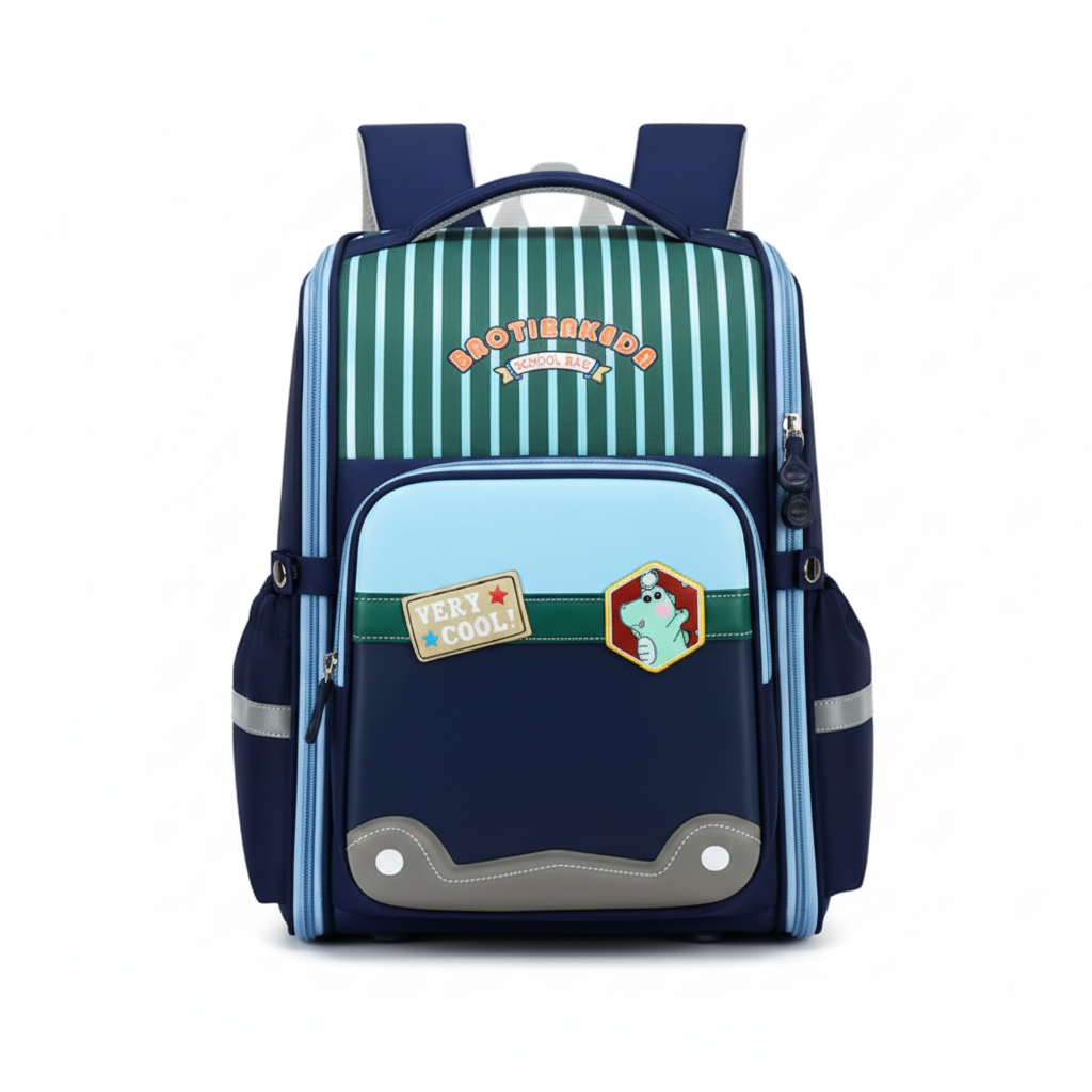 Navy Blue Striped School Backpack - Studio White Background