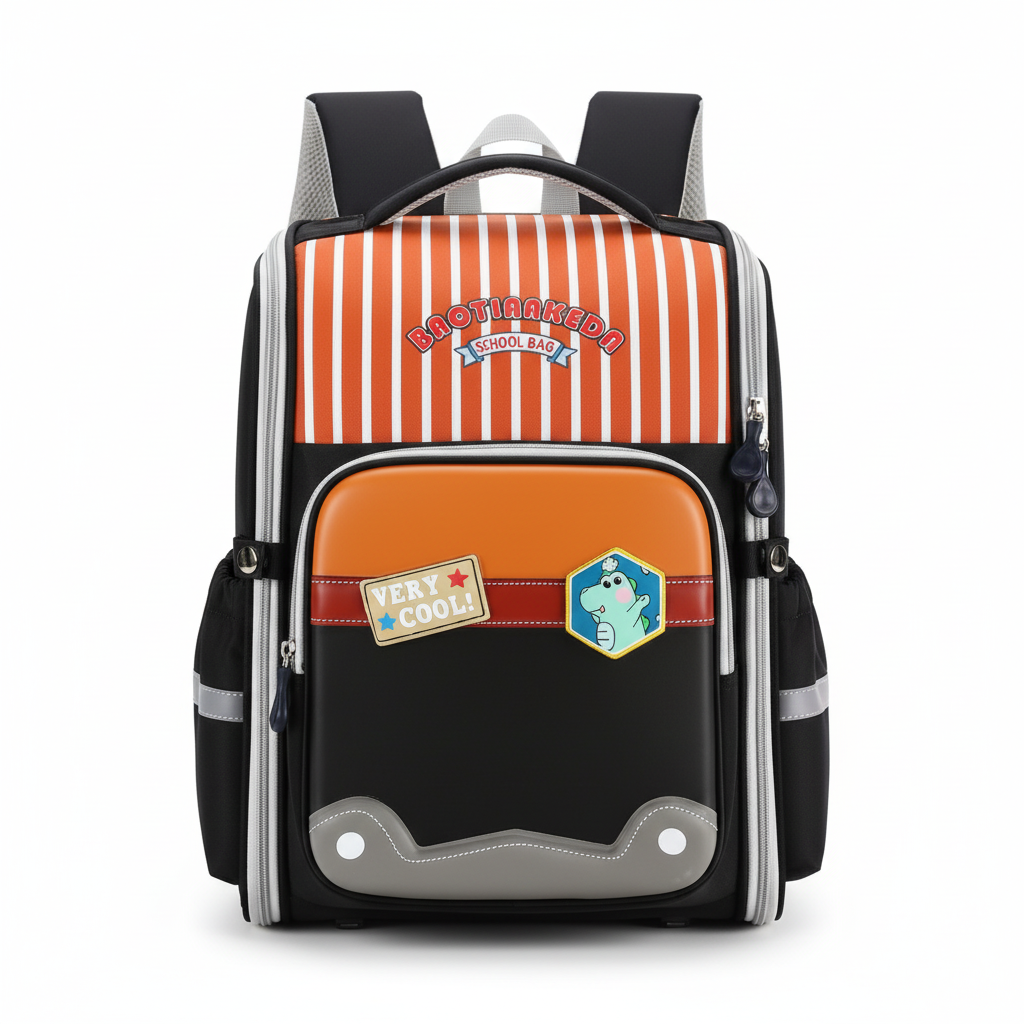 Orange & Black Striped School Backpack - Studio White Background