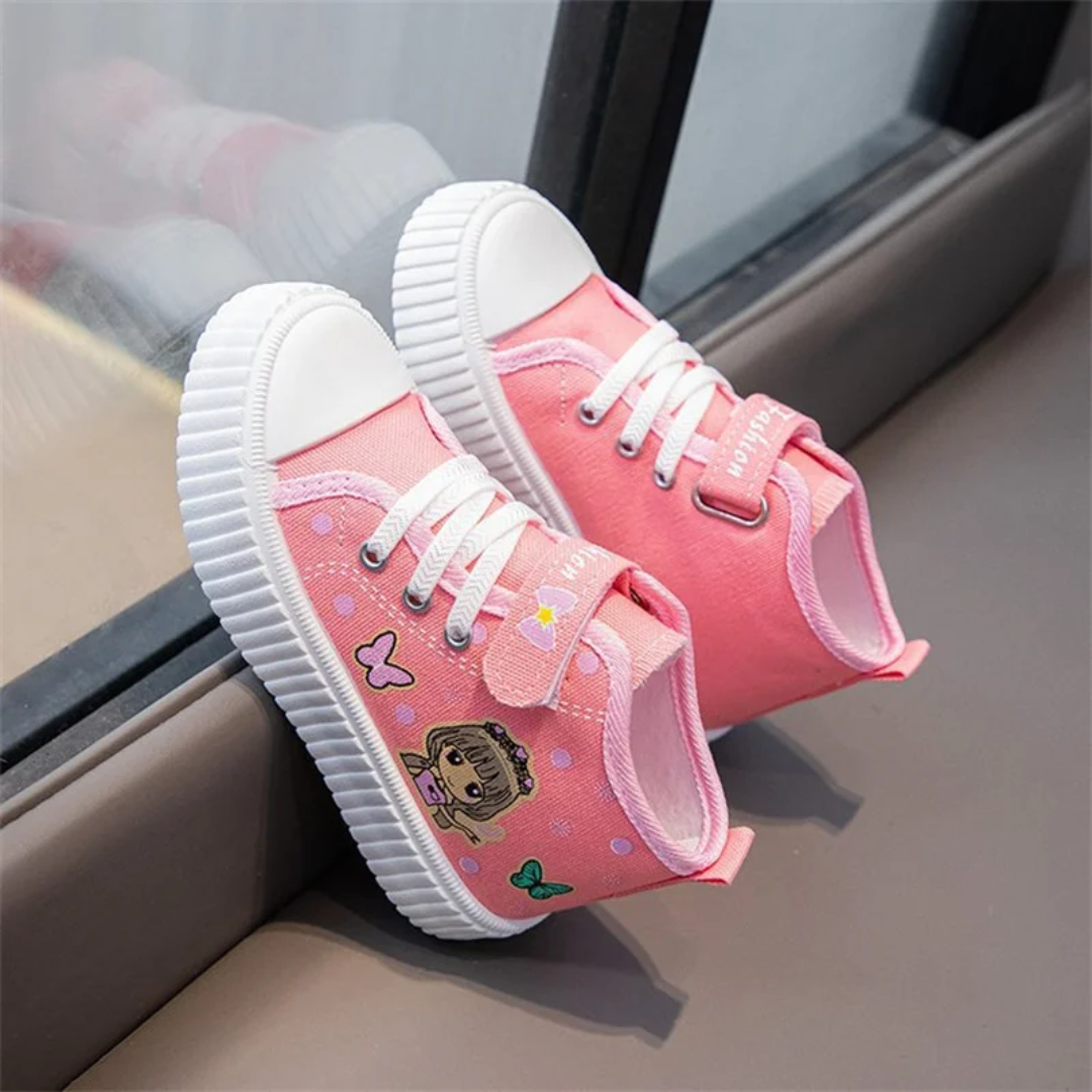 Kids High-Top Canvas Sneakers - Cute Cartoon Character Shoes (Pink/Black/White)