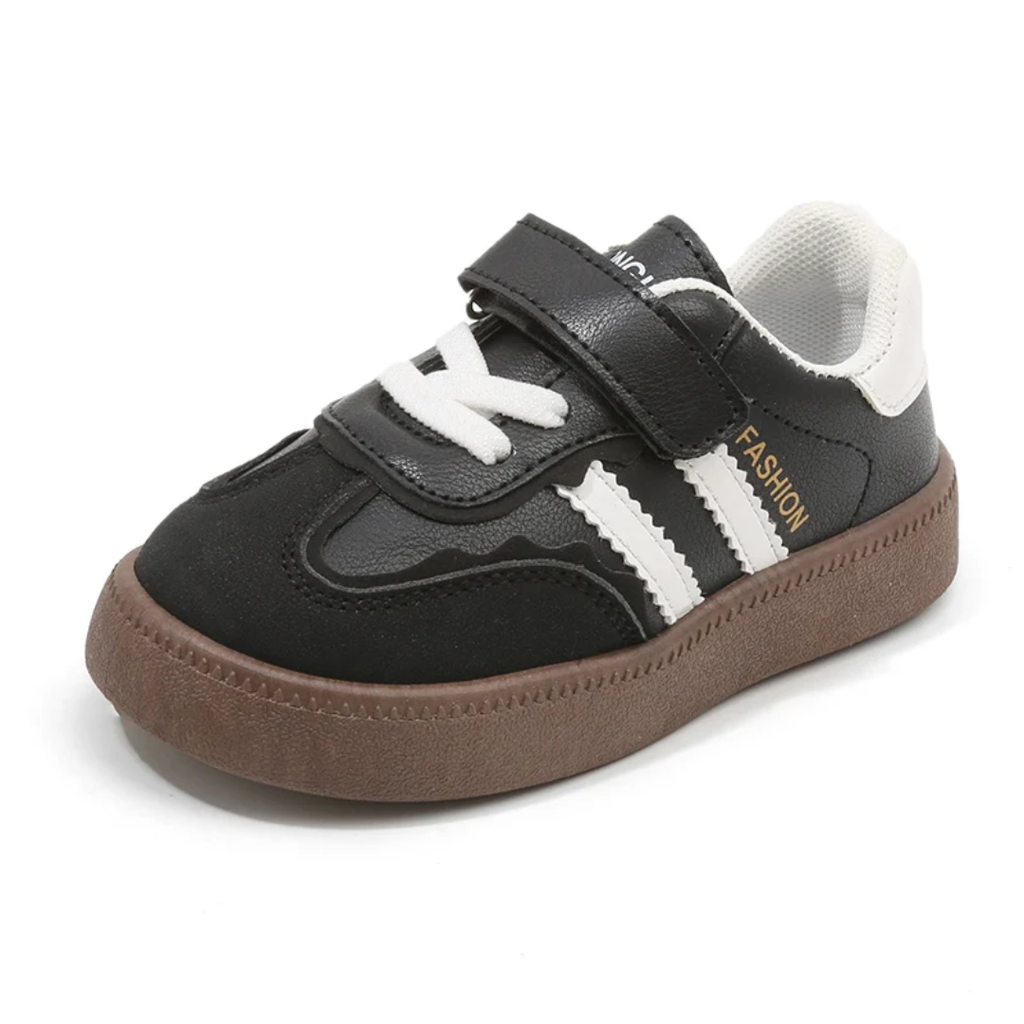Kids Classic Sneakers - Velcro Strap Fashion Shoes (Black/White)