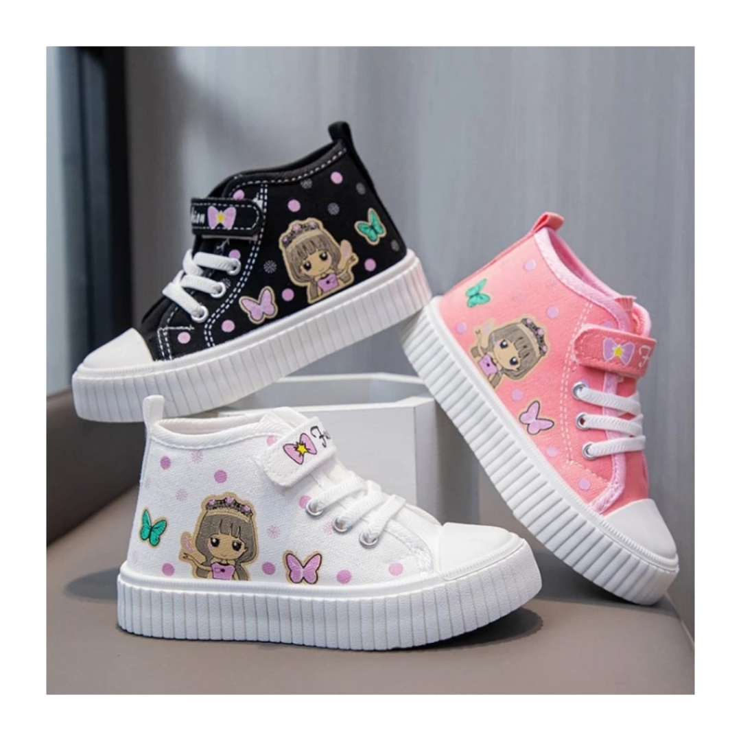 Kids High-Top Canvas Sneakers - Cute Cartoon Character Shoes (Pink/Black/White)