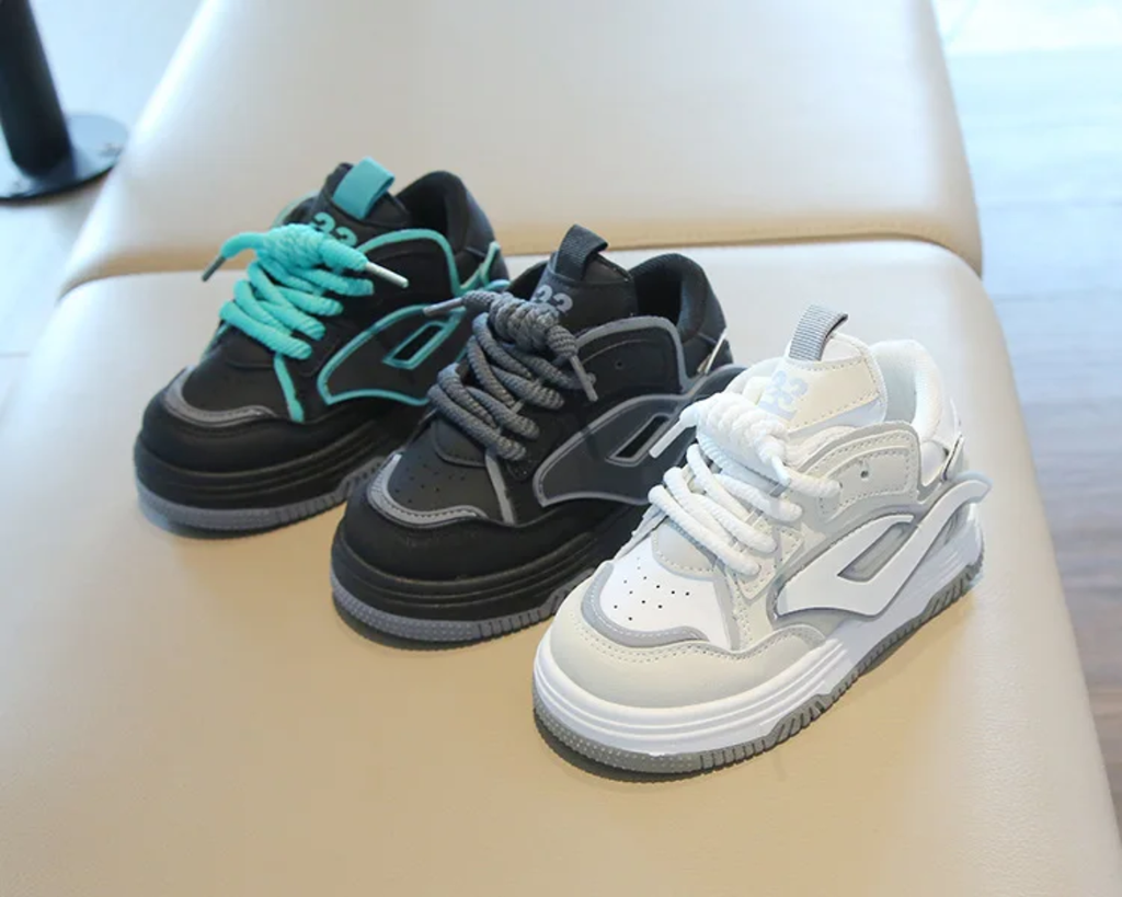 Kids Athletic Sneakers - Lace-Up Sports Shoes (Black/Turquoise/White)