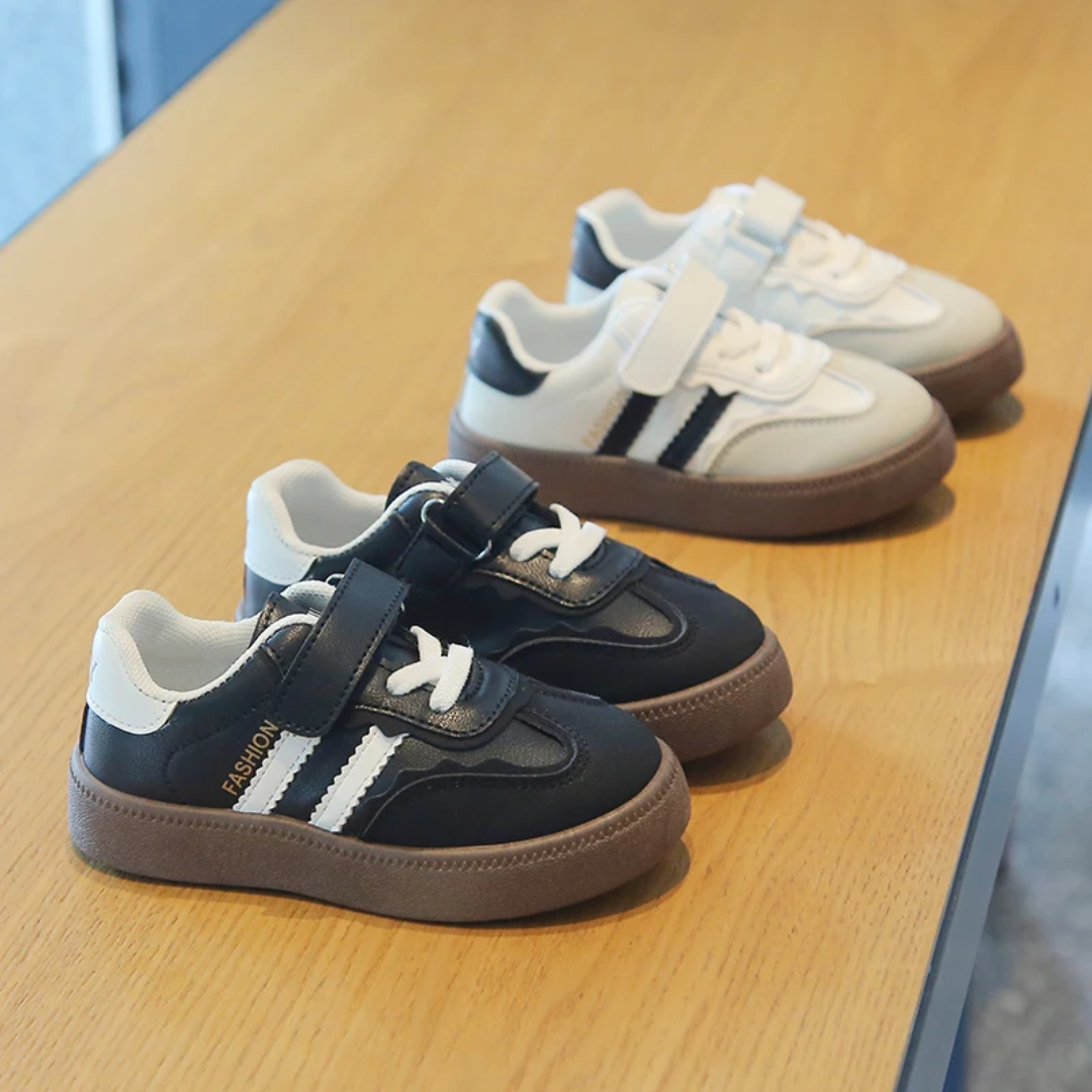 Kids Classic Sneakers - Velcro Strap Fashion Shoes (Black/White)