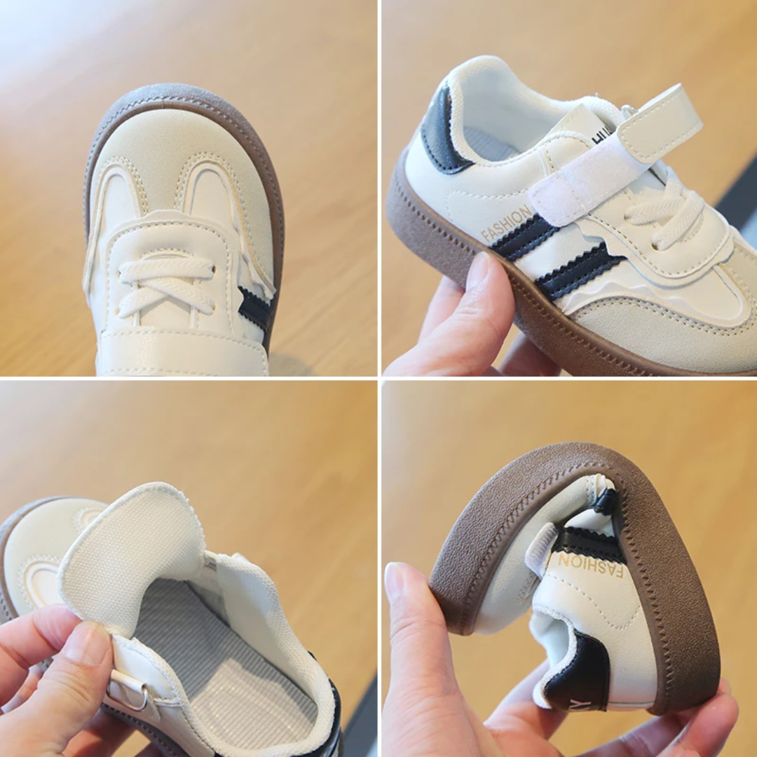 Kids Classic Sneakers - Velcro Strap Fashion Shoes (Black/White)