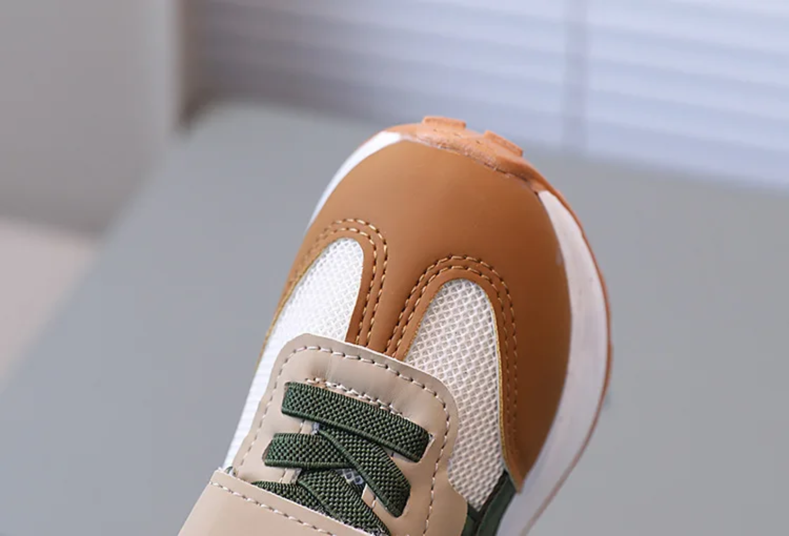 Kids Athletic Sneakers - Velcro Strap Running Shoes (Brown/Green/White)