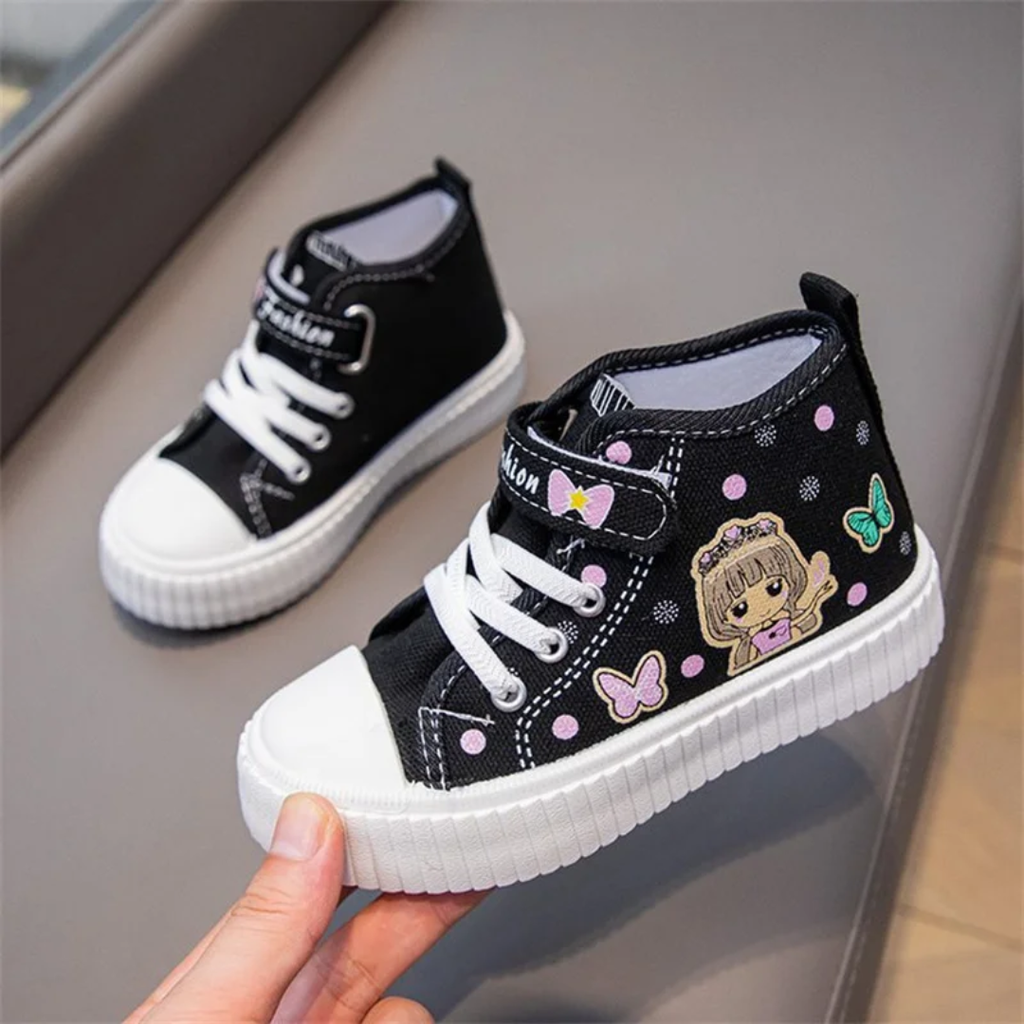 Kids High-Top Canvas Sneakers - Cute Cartoon Character Shoes (Pink/Black/White)