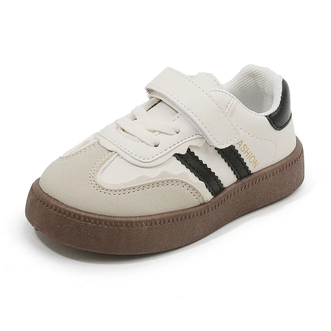 Kids Classic Sneakers - Velcro Strap Fashion Shoes (Black/White)