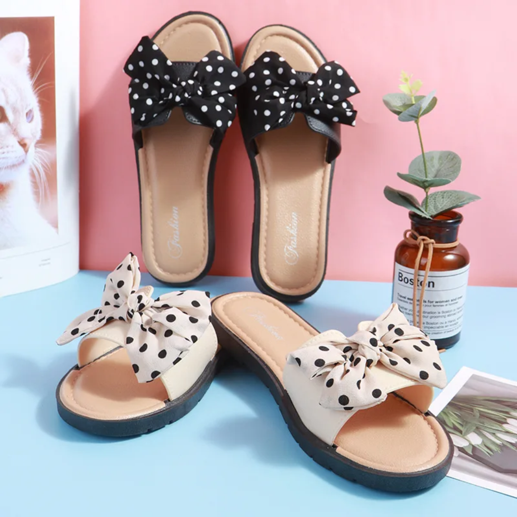 Women's Polka Dot Bow Slippers - PVC Slide Sandals