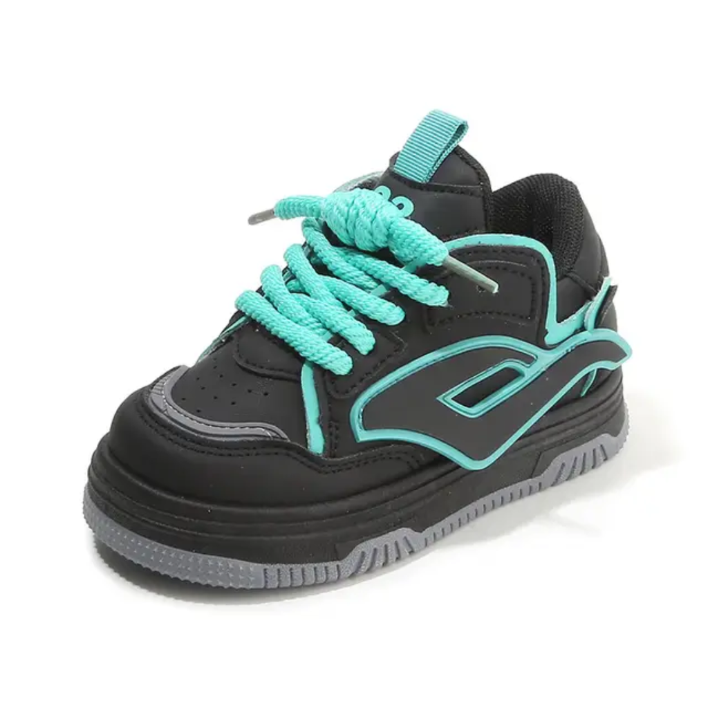 Kids Athletic Sneakers - Lace-Up Sports Shoes (Black/Turquoise/White)