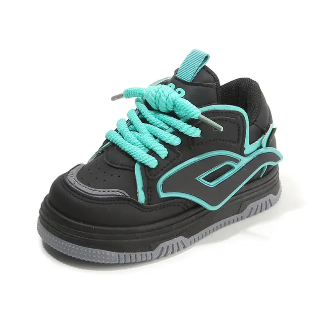 Kids Athletic Sneakers - Lace-Up Sports Shoes (Black/Turquoise/White)