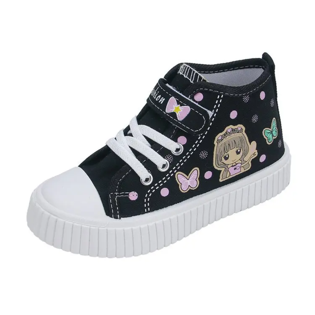 Kids High-Top Canvas Sneakers - Cute Cartoon Character Shoes (Pink/Black/White)