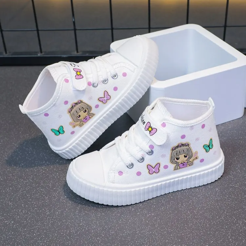 Kids High-Top Canvas Sneakers - Cute Cartoon Character Shoes (Pink/Black/White)